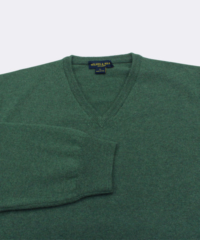 100% Cashmere Sweater W/ Loro Piana Yarn - Forest Green V-Neck Close Up