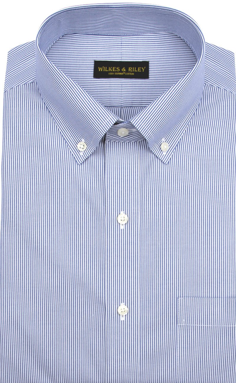 Tailored Fit Blue Fine Line Stripe Button - Down Collar Supima® Cotton Non - Iron Pinpoint Oxford Dress Shirt - Wilkes & Riley, LLC