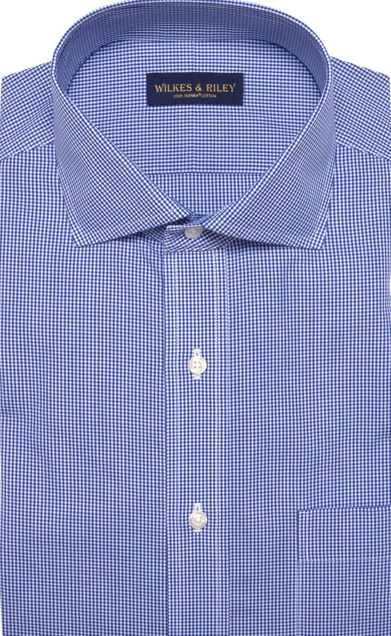 Tailored Fit Blue Gingham English Spread Collar Supima® Cotton Non - Iron Broadcloth - Wilkes & Riley, LLC