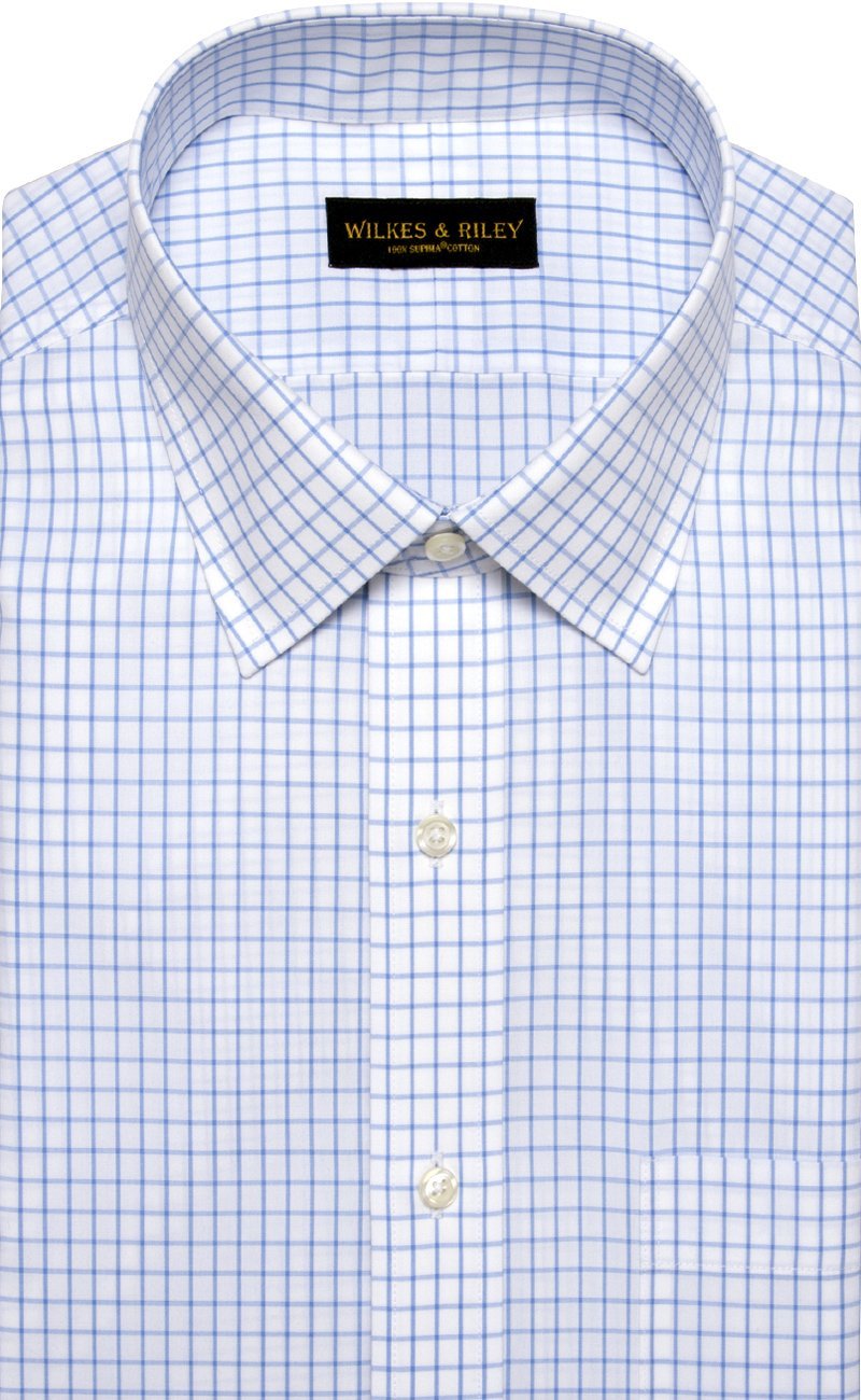 Tailored Fit Blue Large Check Spread Collar Supima® Cotton Non - Iron Broadcloth Dress Shirt (B/T) - Wilkes & Riley, LLC