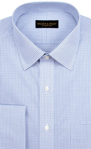 Tailored Fit Blue / Navy Micro Check Spread Collar French Cuff Supima® cotton Non - Iron Broadcloth Dress Shirt - Wilkes & Riley, LLC