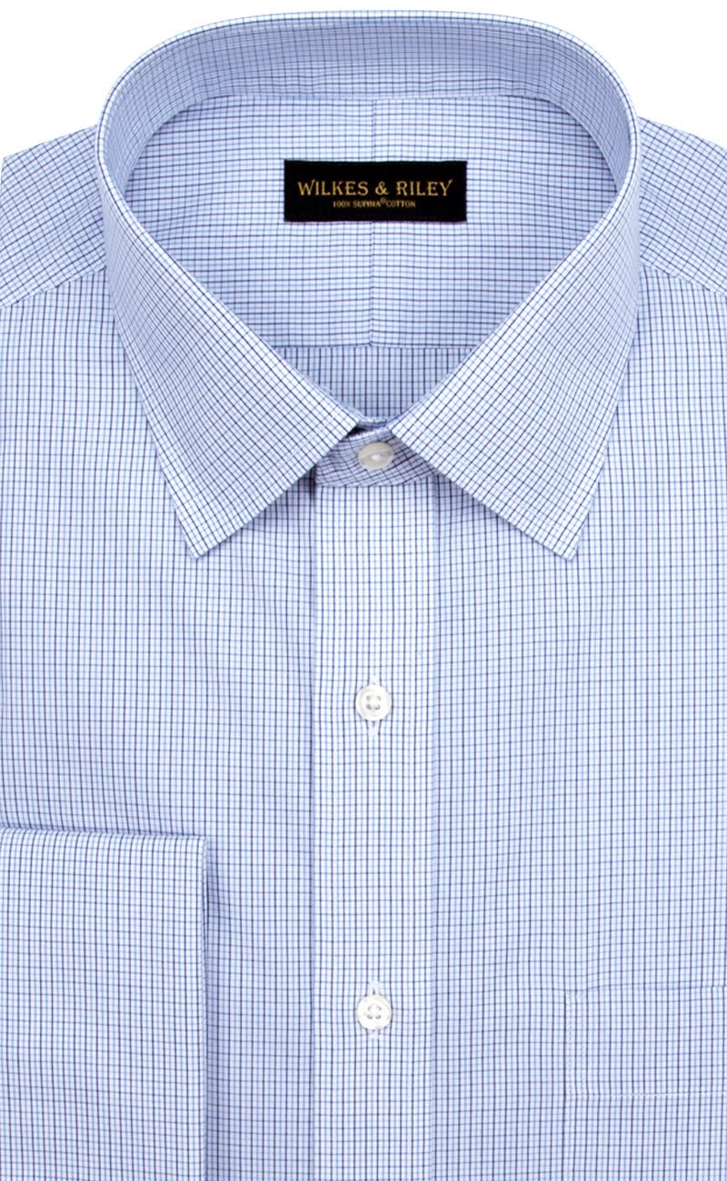Tailored Fit Blue / Navy Micro Check Spread Collar French Cuff Supima® cotton Non - Iron Broadcloth Dress Shirt - Wilkes & Riley, LLC