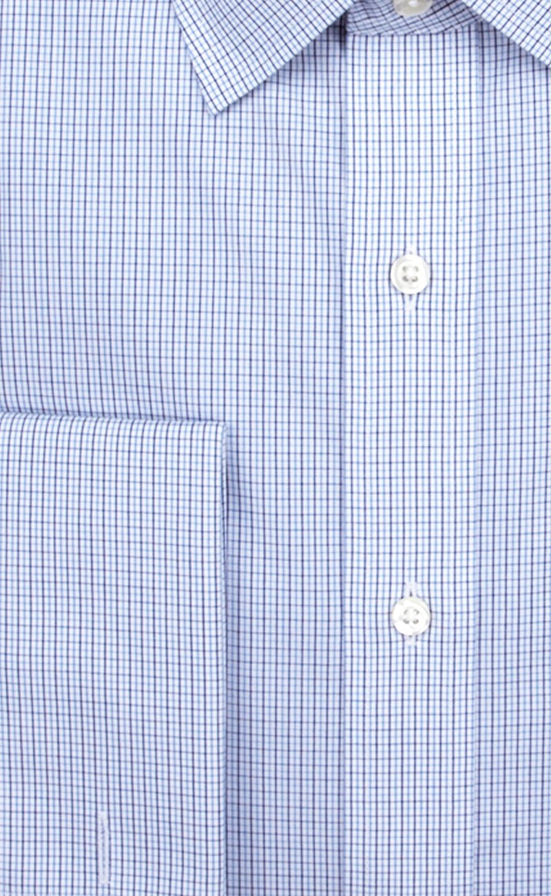 Tailored Fit Blue / Navy Micro Check Spread Collar French Cuff Supima® cotton Non - Iron Broadcloth Dress Shirt - Wilkes & Riley, LLC