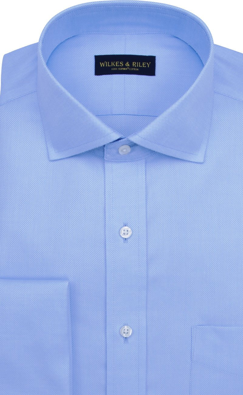 Tailored Fit Blue Solid Royal Oxford English Spread Collar French Cuff Supima® Cotton Non - Iron Dress Shirt - Wilkes & Riley, LLC