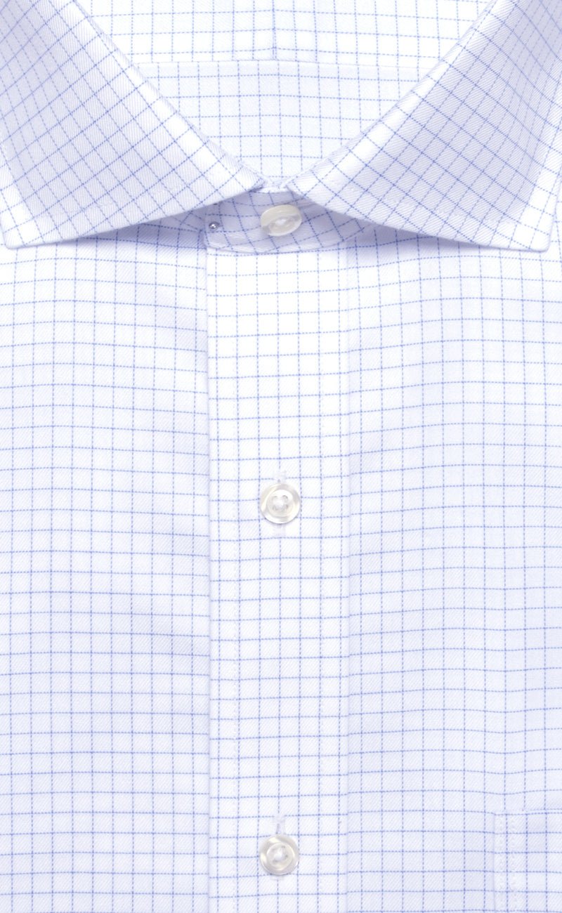 Tailored Fit Blue Twill Check English Spread Collar Supima® Cotton Non - Iron Dress Shirt - Wilkes & Riley, LLC