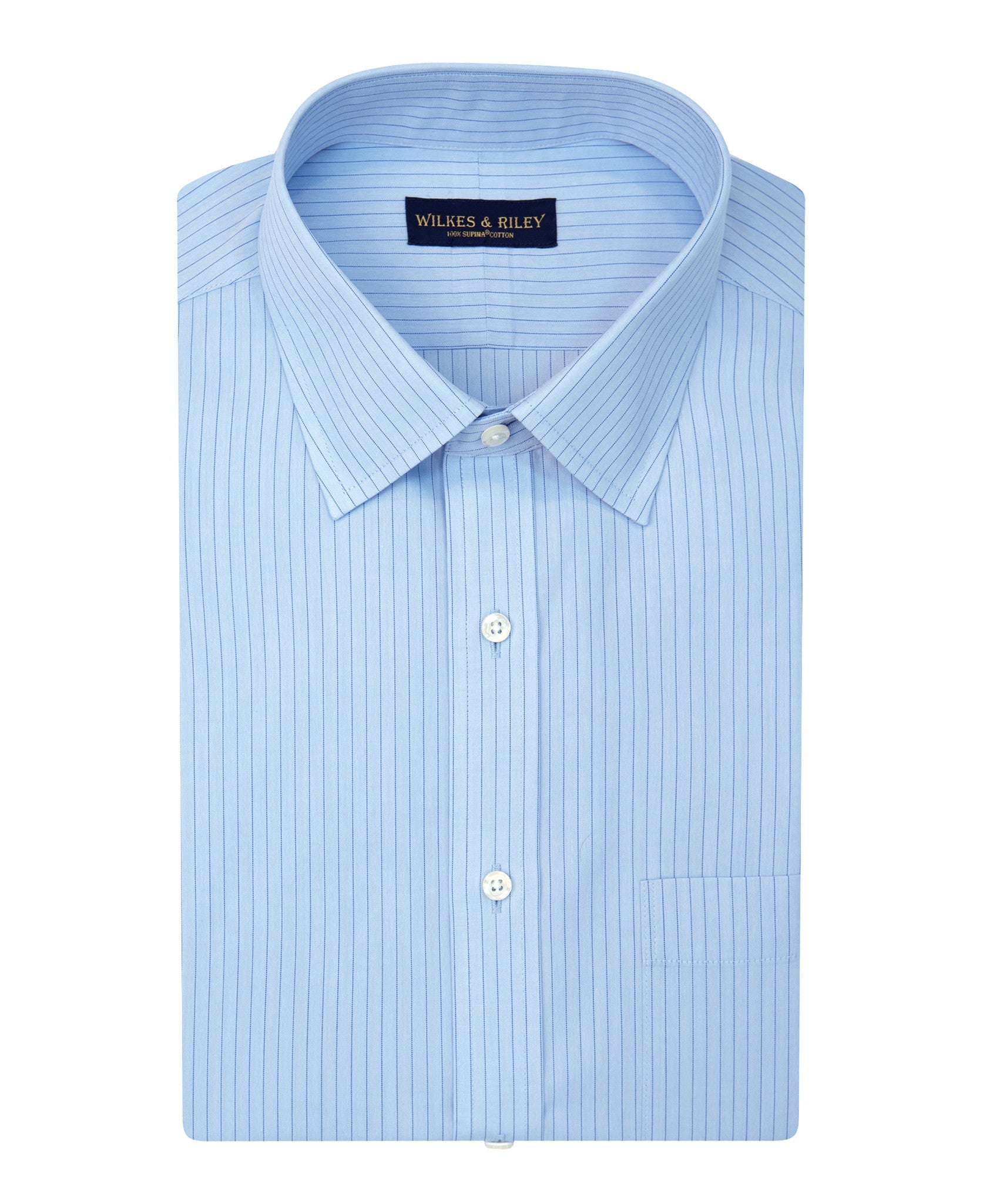 Tailored Fit Blue With Navy Stripe Spread Collar Supima® Cotton Non - Iron Broadcloth - Wilkes & Riley, LLC
