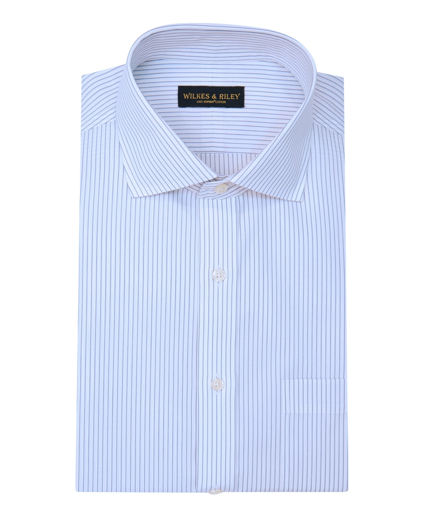 Tailored Fit Grey Stripe English Spread Collar Supima® Cotton Non - Iron Broadcloth Dress Shirt - Wilkes & Riley, LLC