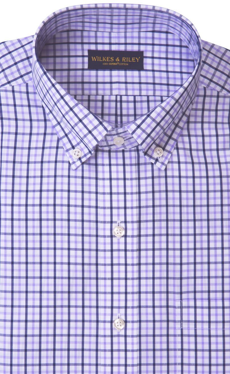 Tailored Fit Lavender / Navy Tattersall Button - Down Collar Supima® Cotton Non - Iron Broadcloth Sport Shirt (B/T) - Wilkes & Riley, LLC