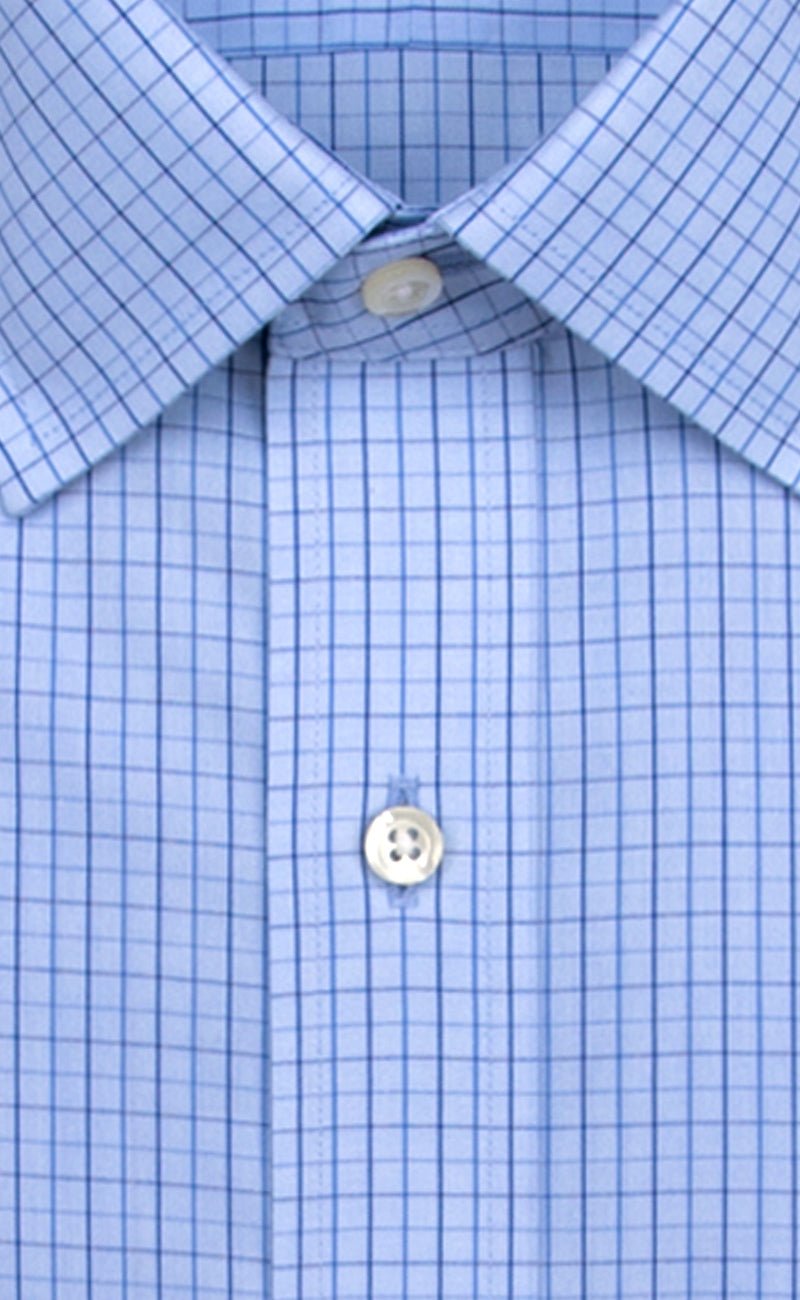 Tailored Fit Light Blue Ground Navy Check Spread Collar Supima® Cotton Non - Iron Broadcloth - Wilkes & Riley, LLC