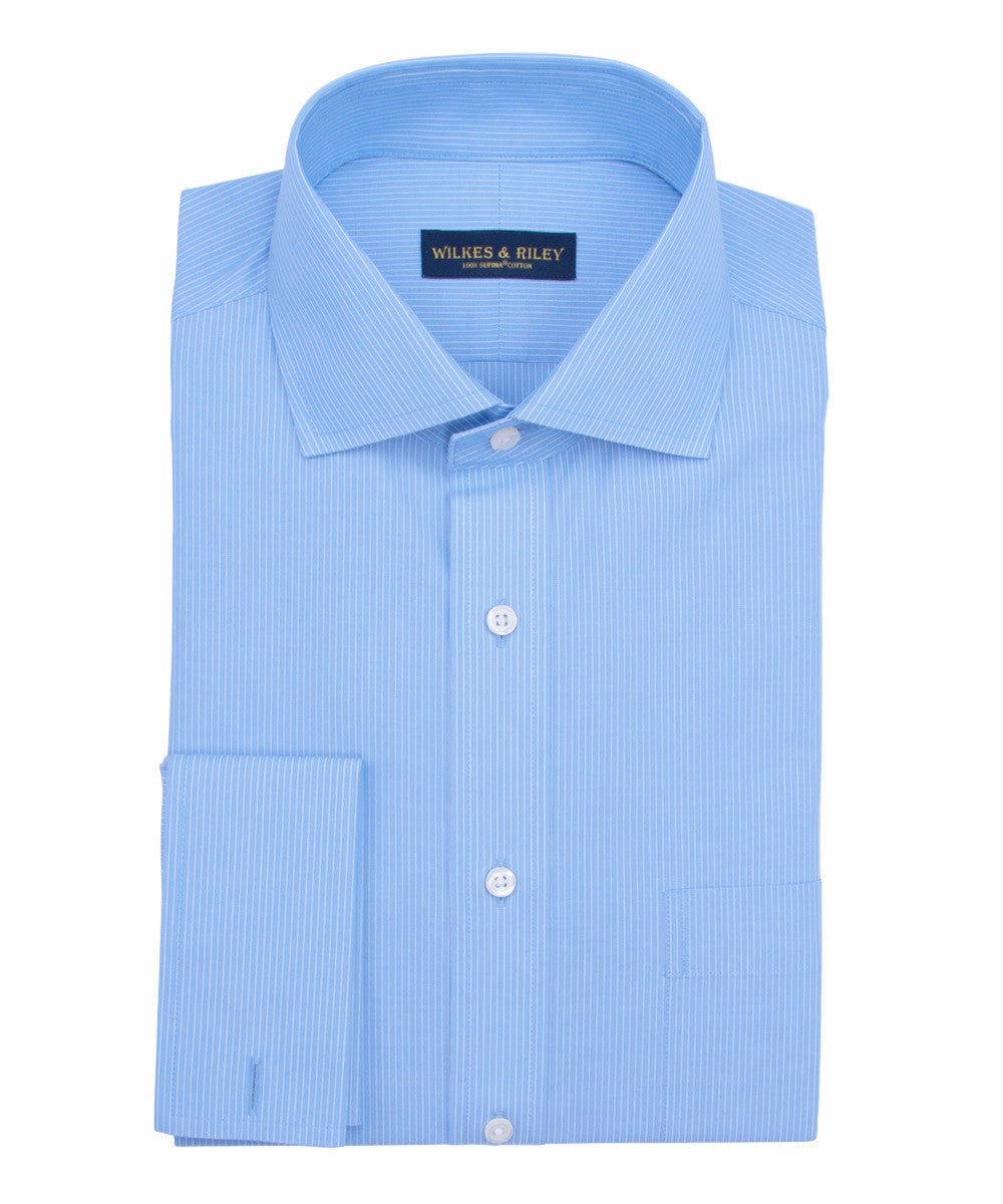 Tailored Fit Lt Blue Fine Line English Spread Collar French Cuff Supima® cotton Non - Iron Broadcloth Dress Shirt - Wilkes & Riley, LLC