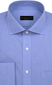 Tailored Fit Lt Blue Plaid English Spread Collar French Cuff Supima® cotton Non - Iron Broadcloth Dress Shirt - Wilkes & Riley, LLC