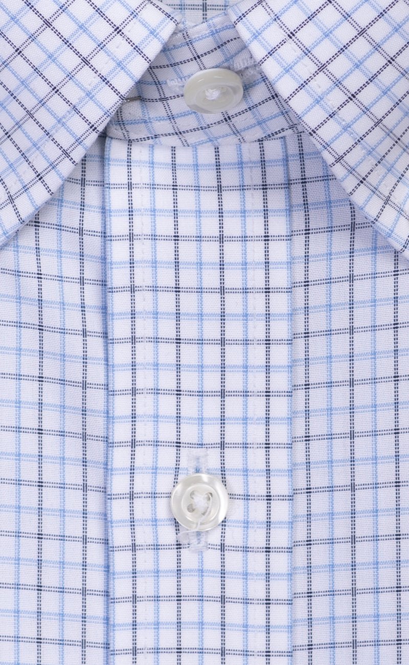 Tailored Fit Sky / Navy Poplin Check Button Down Collar Supima® Cotton Non - Iron Dress Shirt - Wilkes & Riley, LLC