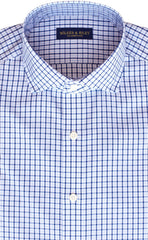 Tailored Fit Sky / Navy Tattersall check English Spread Collar Supima® Non - Iron Cotton Broadcloth Sport Shirt - Wilkes & Riley, LLC