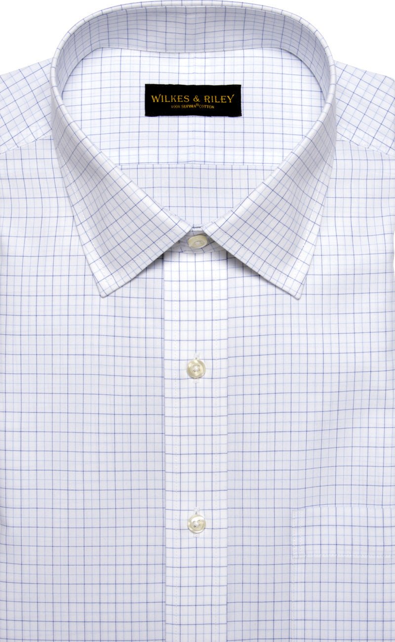 Tailored Fit White Ground Navy / Lt Blue Tattersall Spread Collar Supima® Cotton Non - Iron Broadcloth - Wilkes & Riley, LLC