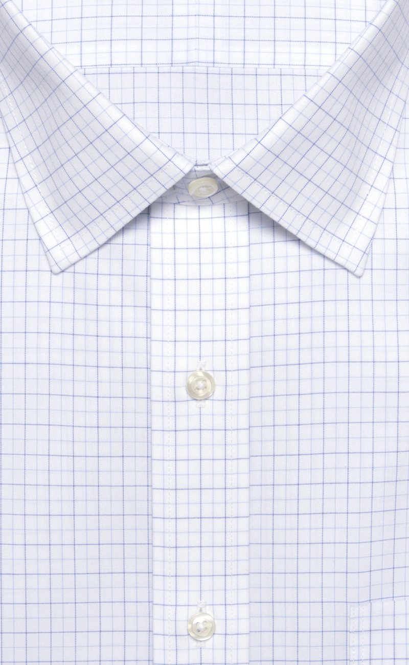 Tailored Fit White Ground Navy / Lt Blue Tattersall Spread Collar Supima® Cotton Non - Iron Broadcloth (B/T) - Wilkes & Riley, LLC
