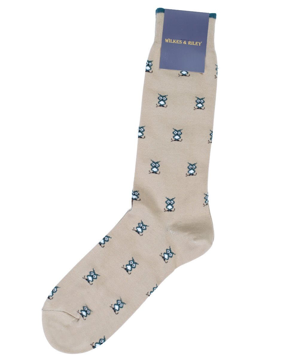 Tan Owls Cotton Sock - Mid Calf - Wilkes & Riley, LLC
