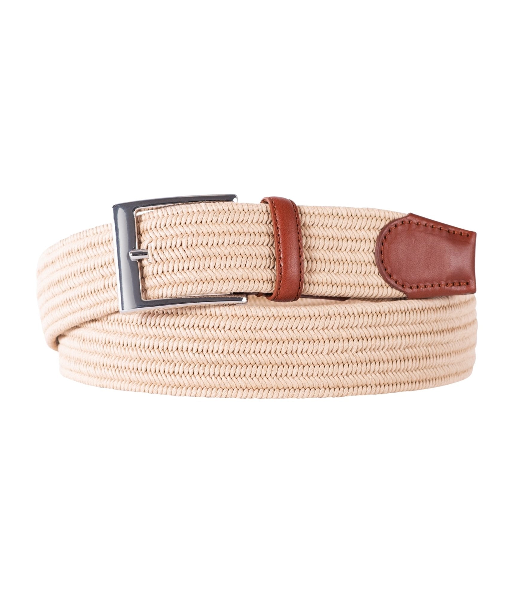 Tan Stretch with Brown Leather Trim Belt - Wilkes & Riley, LLC
