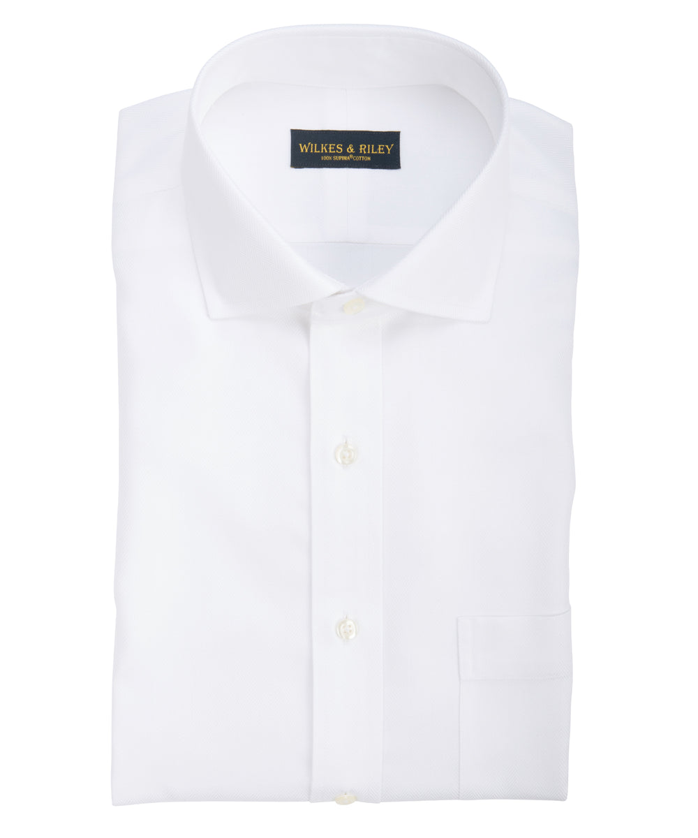 Tailored fit White Herringbone English Spread Collar Supima® Cotton  Non-Iron Dress Shirt