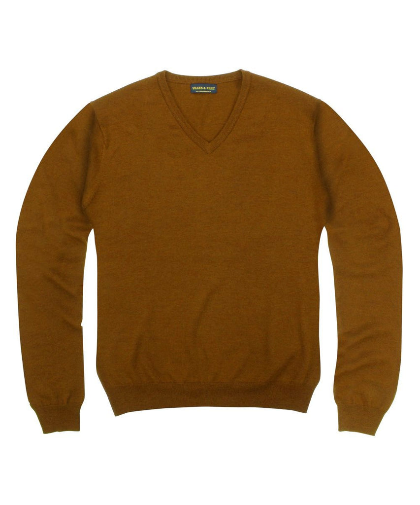 Wilkes & Riley 100% Pure Merino Wool Zegna Baruffa V-Neck Sweater - Rust