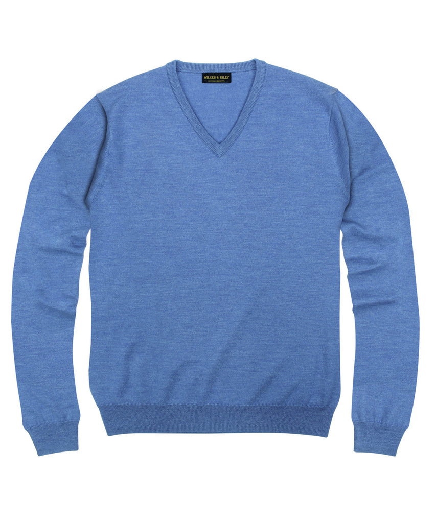 Wilkes & Riley 100% Pure Merino Wool Zegna Baruffa V-Neck Sweater - Light Blue
