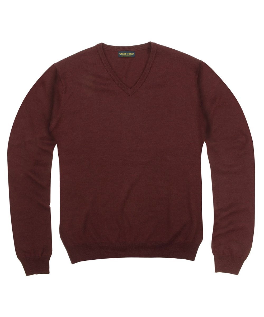 Wilkes & Riley 100% Pure Merino Wool Zegna Baruffa V-Neck Sweater - Burgundy
