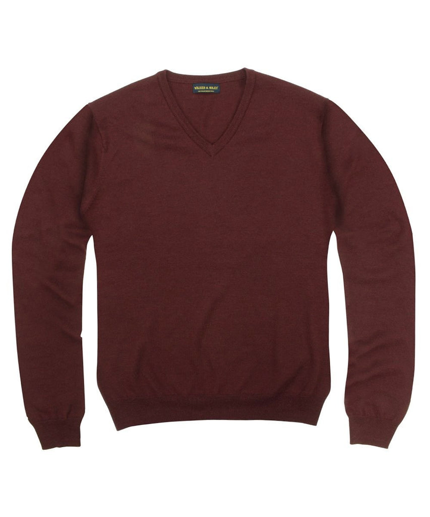 Wilkes & Riley 100% Pure Merino Wool Zegna Baruffa V-Neck Sweater - Burgundy