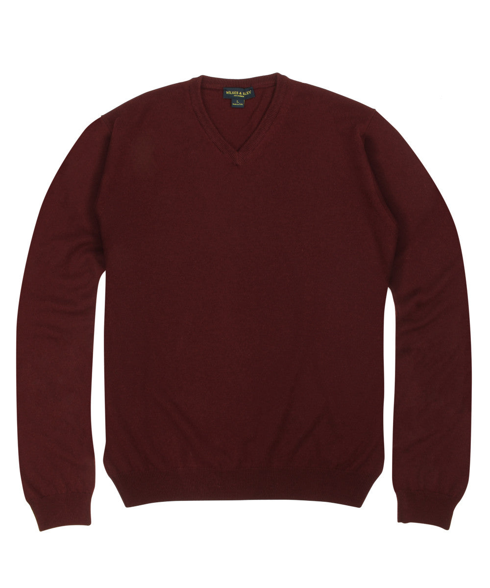 Wilkes & Riley 100% Cashmere V-neck Sweater W/ Loro Piana Yarn - Burgundy 