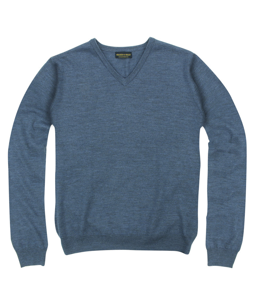 Wilkes & Riley 100% Pure Merino Wool Zegna Baruffa V-Neck Sweater in Blue