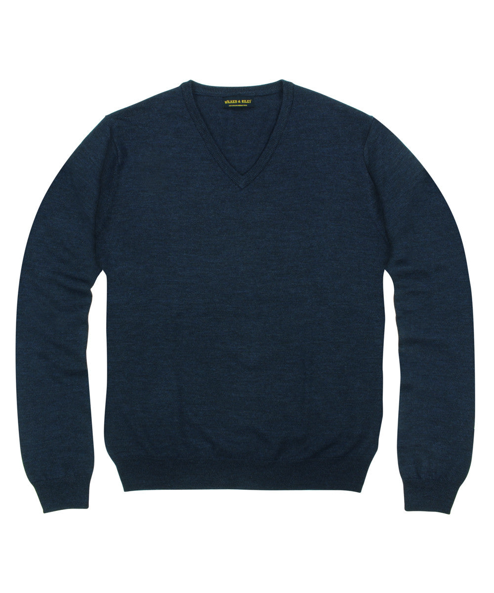 Wilkes & Riley 100% Pure Merino Wool Zegna Baruffa V-Neck Sweater in Navy