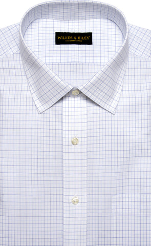 Tailored Fit White Ground Navy / Lt Blue Tattersall Spread Collar  Supima® Cotton Non-Iron Broadcloth