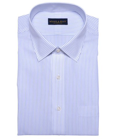 Classic Fit White Ground Blue Stripe Spread Collar Supima® Cotton Non-Iron Broadcloth (B/T)