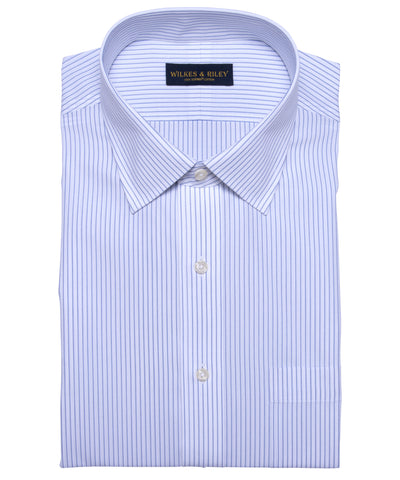 Tailored Fit White Ground Blue Stripe Spread Collar  Supima® Cotton Non-Iron Broadcloth